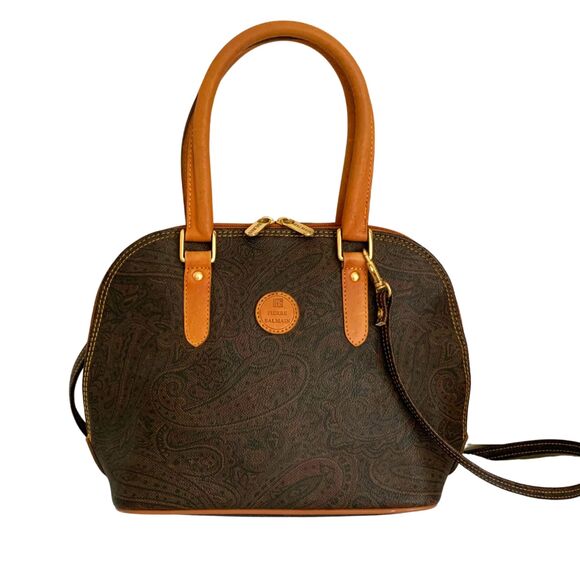 Pierre Balmain Vintage Dome Satchel Brown Paisley Printed Leather Handbag - Picture 1 of 14